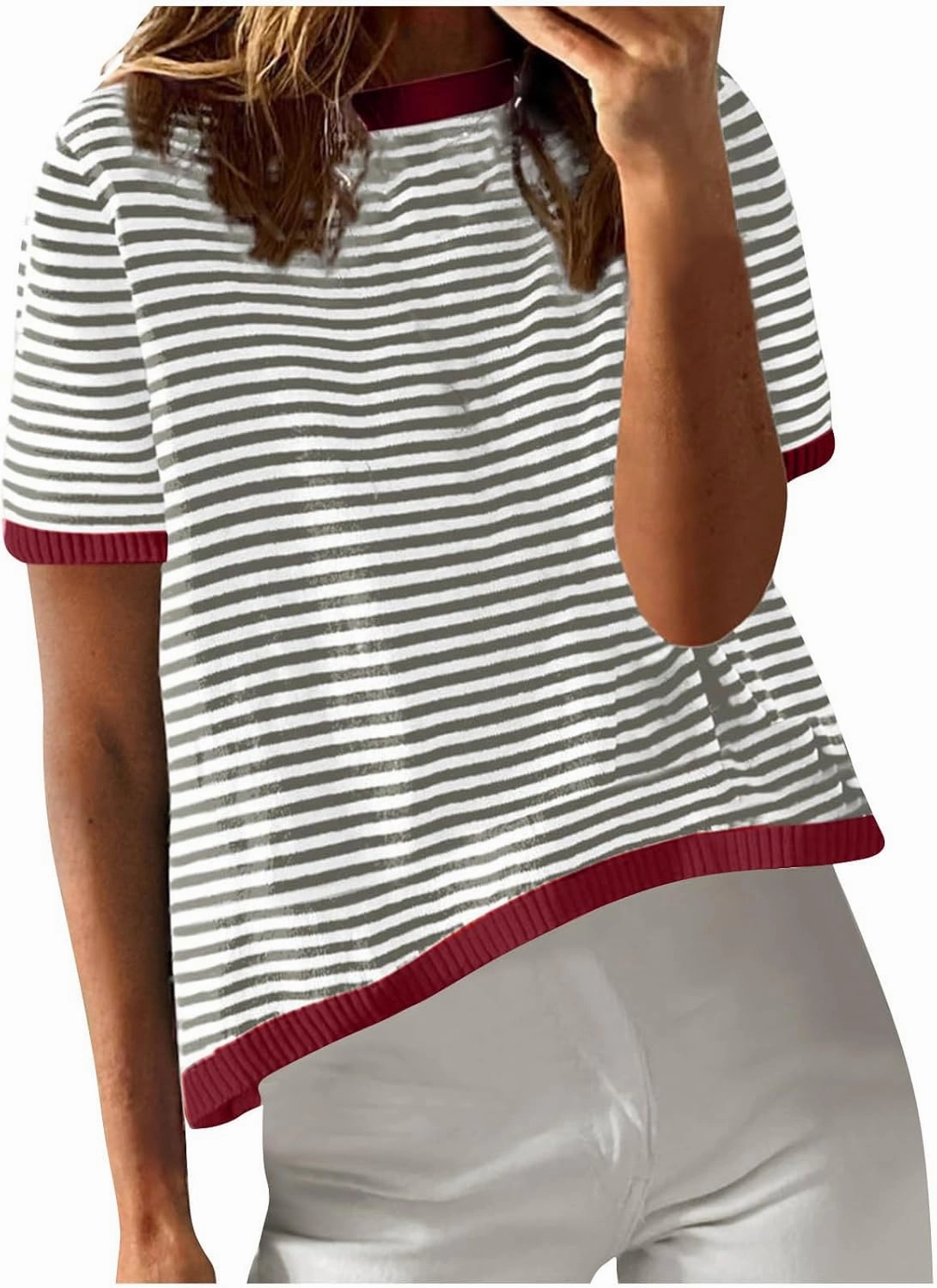 Striped Tshirt Women Crew Neck Print Short Sleeve Womens Summer Tops Color Block Knitted Trendy Pullover Blouses