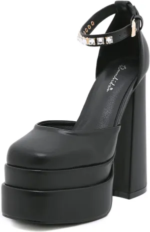 STUPMARY Womens Platform Chunky High Block Heels Ankle Strap Buckles Satin Heels Pumps Fashion Dress Party Shoes
