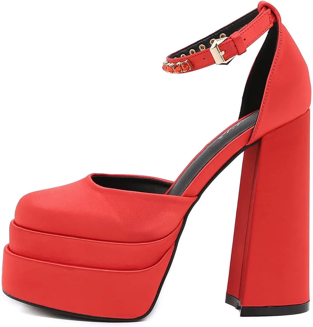 STUPMARY Womens Platform Chunky High Block Heels Ankle Strap Buckles Satin Heels Pumps Fashion Dress Party Shoes