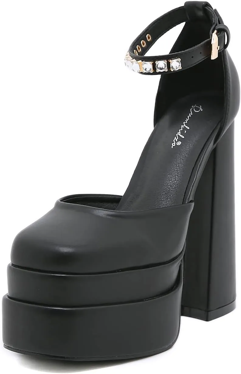 STUPMARY Womens Platform Chunky High Block Heels Ankle Strap Buckles Satin Heels Pumps Fashion Dress Party Shoes