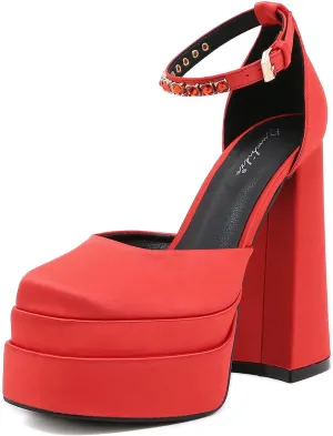 STUPMARY Womens Platform Chunky High Block Heels Ankle Strap Buckles Satin Heels Pumps Fashion Dress Party Shoes
