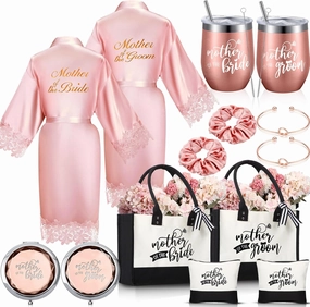 Suhine 14 Pcs Mother of The Bride and Groom Gifts Set Wedding Satin Robe Canvas Tote Bag with Makeup Bag 12 oz Tumbler Cup Small Makeup Mirror Scrunchies Knot Bracelet Wedding Gift for Mom(Pink)