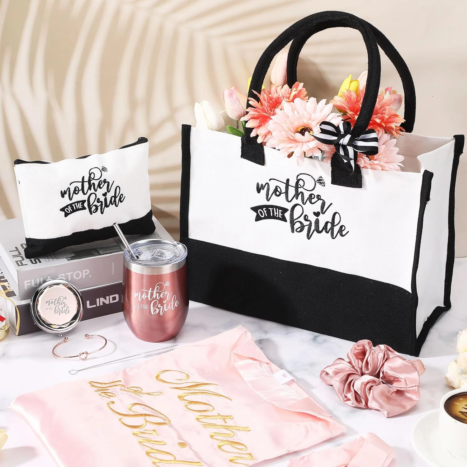 Suhine 14 Pcs Mother of The Bride and Groom Gifts Set Wedding Satin Robe Canvas Tote Bag with Makeup Bag 12 oz Tumbler Cup Small Makeup Mirror Scrunchies Knot Bracelet Wedding Gift for Mom(Pink)