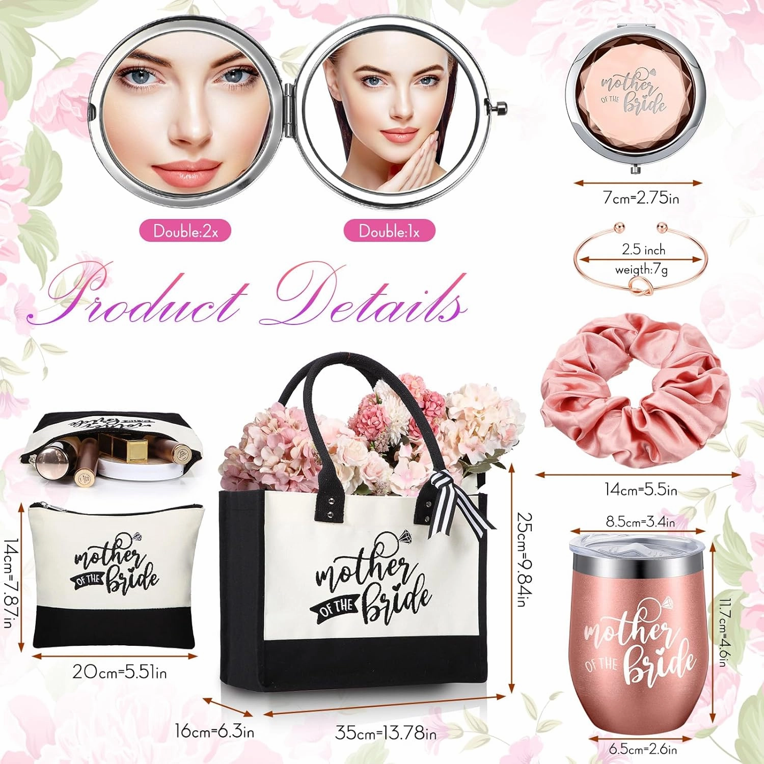Suhine 14 Pcs Mother of The Bride and Groom Gifts Set Wedding Satin Robe Canvas Tote Bag with Makeup Bag 12 oz Tumbler Cup Small Makeup Mirror Scrunchies Knot Bracelet Wedding Gift for Mom(Pink)