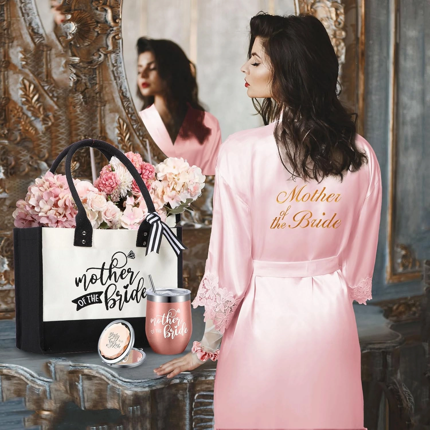 Suhine 14 Pcs Mother of The Bride and Groom Gifts Set Wedding Satin Robe Canvas Tote Bag with Makeup Bag 12 oz Tumbler Cup Small Makeup Mirror Scrunchies Knot Bracelet Wedding Gift for Mom(Pink)