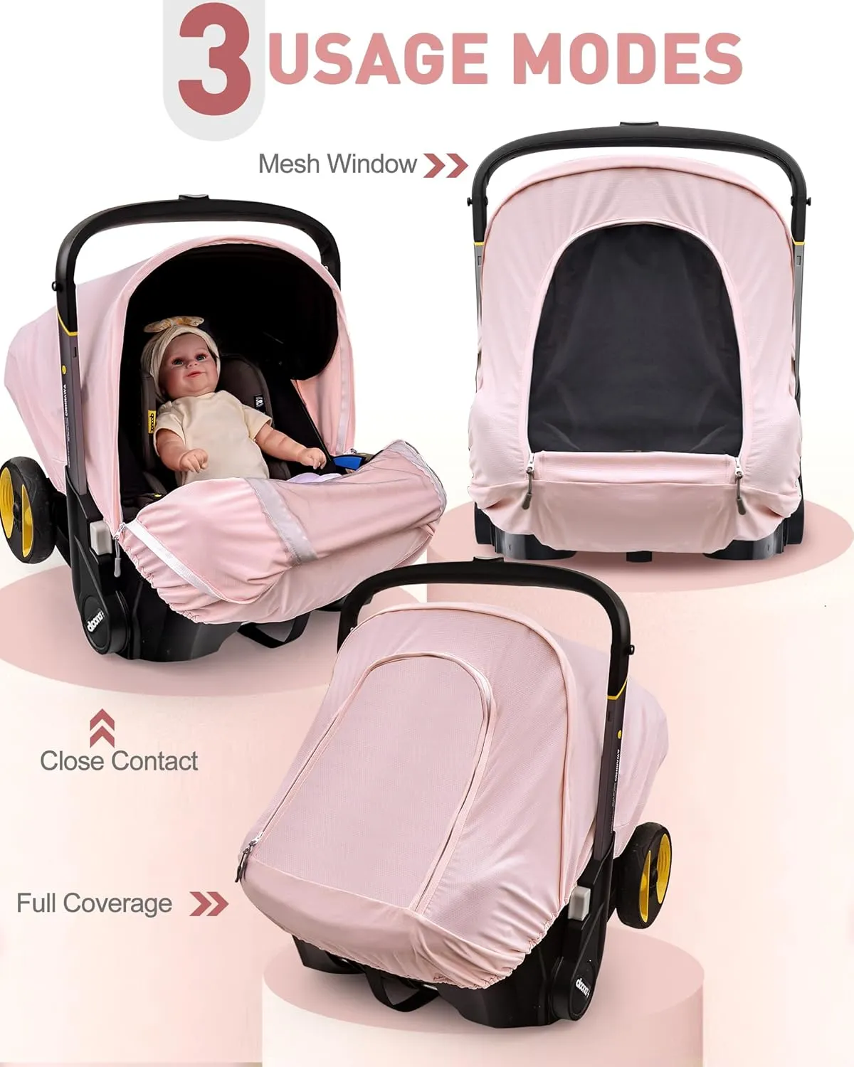 Summer Baby Car Seat Cover Compatible with Doona Car Seat and Stroller,Breathable Sunproof Car Seat Canopy for Girls,Suitable for Spring/Summer/Autumn Use (Pink)