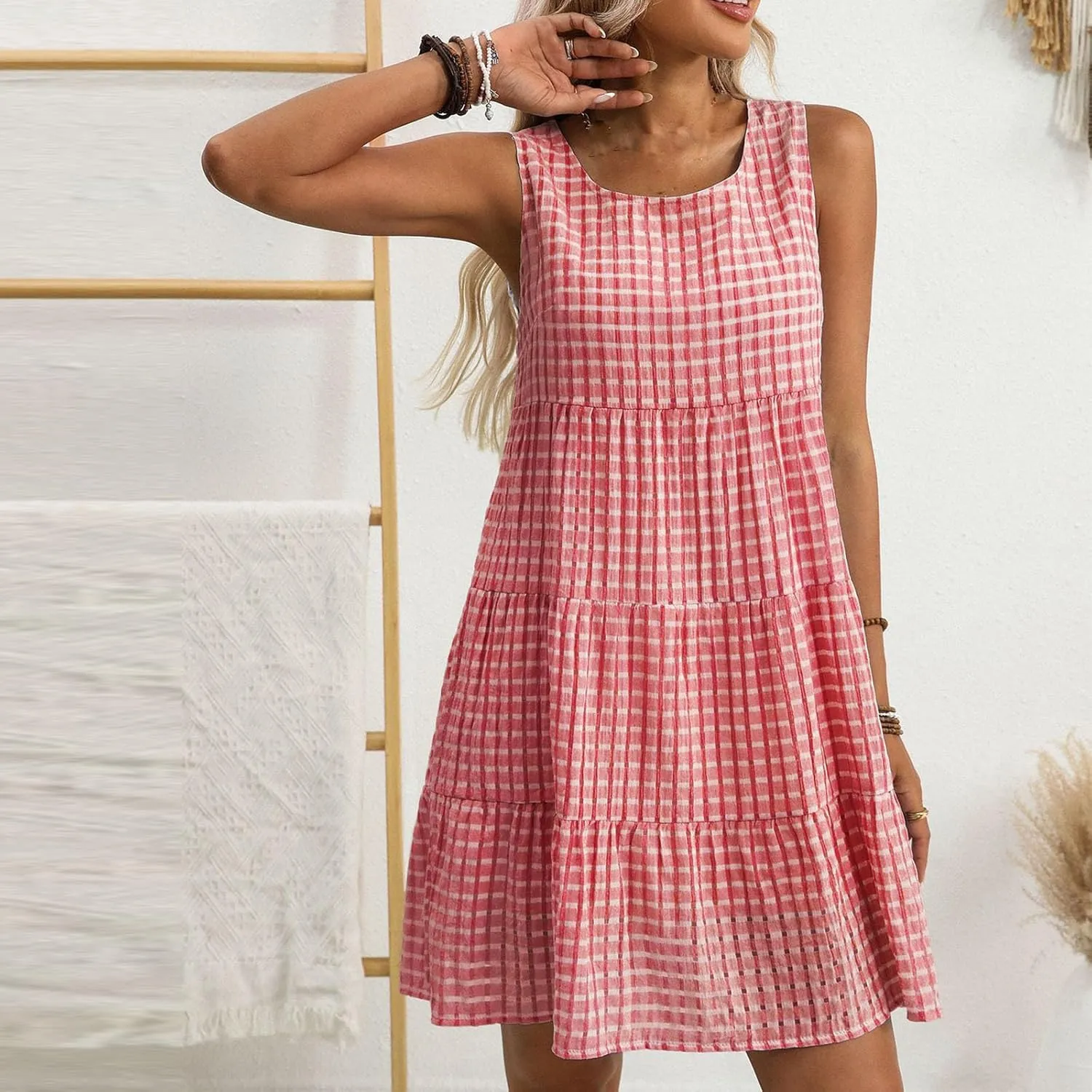 Summer Casual Plaid Midi Tank Dresses for Women 2025 Beach Vacation Sleeveless Tiered Ruffle A-Line Knee Length Sundress