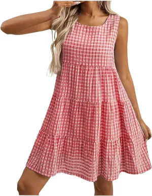 Summer Casual Plaid Midi Tank Dresses for Women 2025 Beach Vacation Sleeveless Tiered Ruffle A-Line Knee Length Sundress