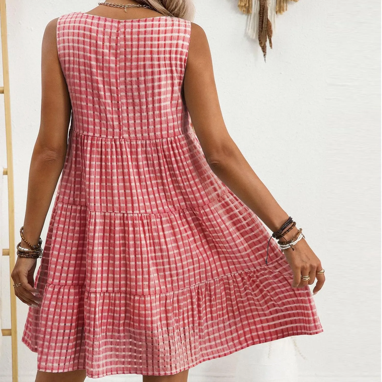 Summer Casual Plaid Midi Tank Dresses for Women 2025 Beach Vacation Sleeveless Tiered Ruffle A-Line Knee Length Sundress