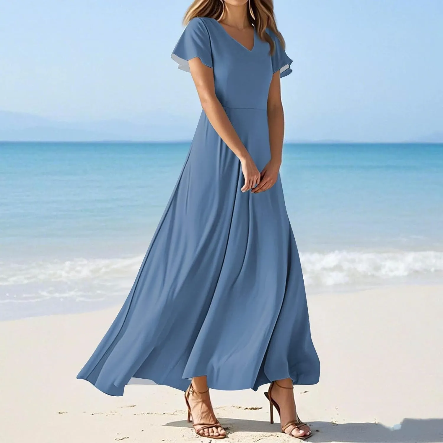 Summer Dresses for Women 2025 Elegant Classy Flowy Ruffle Swing V Neck Church Dress Casual Vacation Long Sundresses