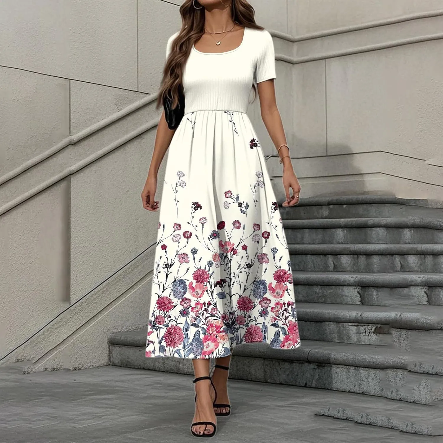 Summer Long Dresses for Women 2025 Trendy Floral Print Short Sleeve U Neck Dress High Waist A-Line Casual Elegant Dress