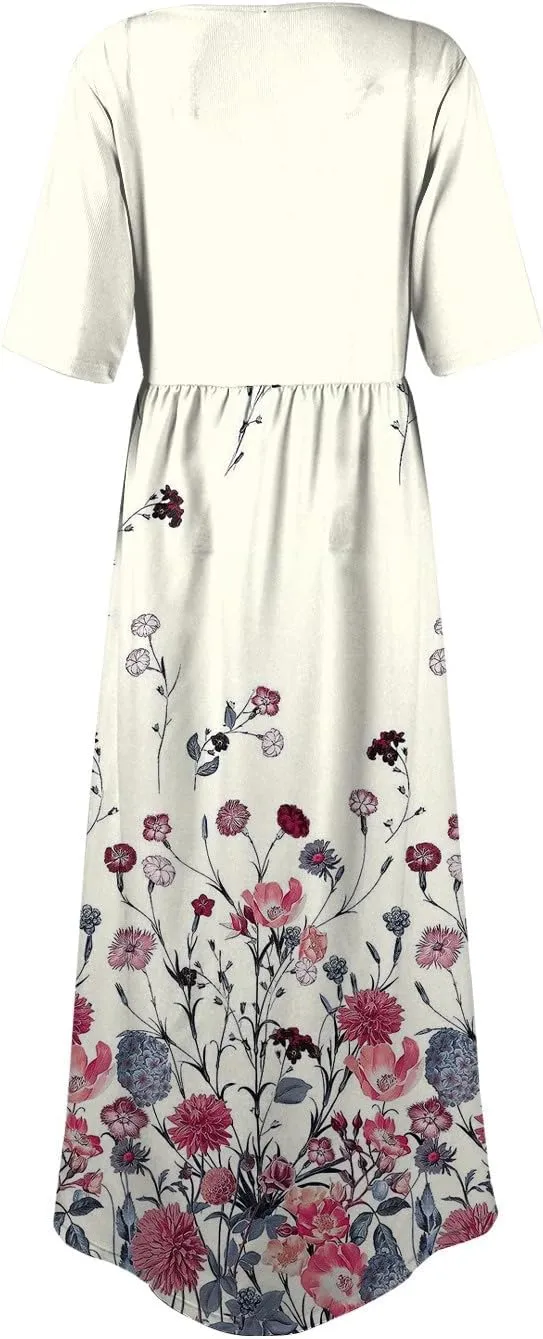 Summer Long Dresses for Women 2025 Trendy Floral Print Short Sleeve U Neck Dress High Waist A-Line Casual Elegant Dress