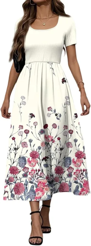 Summer Long Dresses for Women 2025 Trendy Floral Print Short Sleeve U Neck Dress High Waist A-Line Casual Elegant Dress