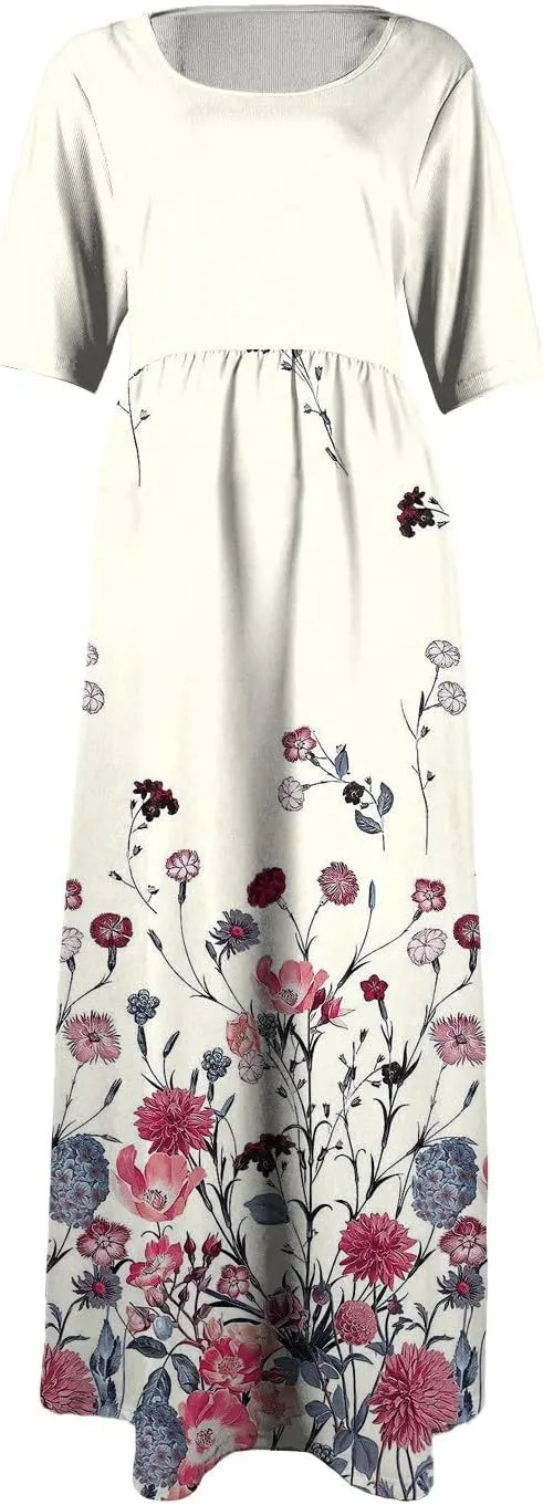 Summer Long Dresses for Women 2025 Trendy Floral Print Short Sleeve U Neck Dress High Waist A-Line Casual Elegant Dress