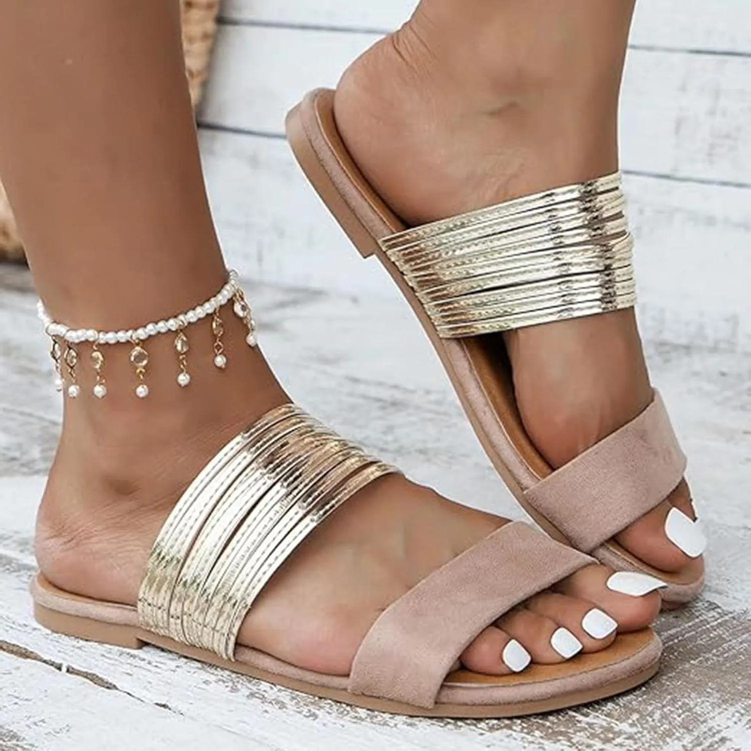 Summer Sandals for Women 2024 Strappy Sandals for Women Women's Faux Suede Flat Sandals Chain Strap Open Toe Slide Sandal Gold Sandals for Women