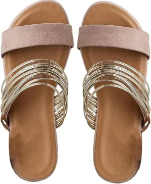 Summer Sandals for Women 2024 Strappy Sandals for Women Women's Faux Suede Flat Sandals Chain Strap Open Toe Slide Sandal Gold Sandals for Women