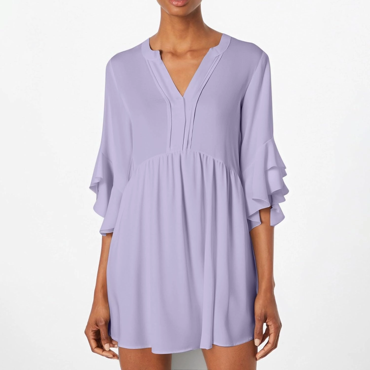 Summer Beach Vacation Dresses for Women Elegant Dressy Ruffled 3/4 Sleeve Notch V Neck Pleated Flowy Swing Mini Dress