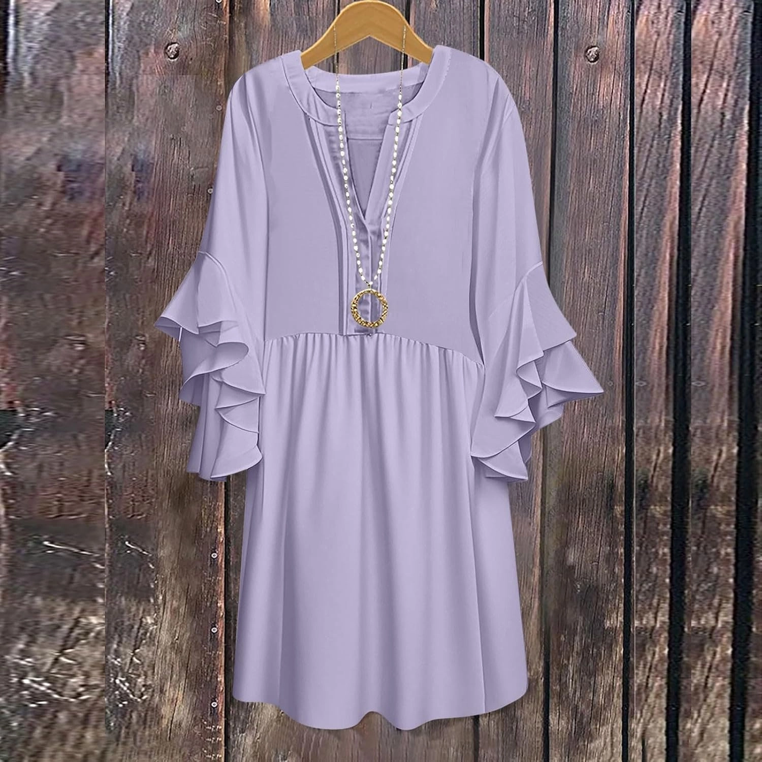 Summer Beach Vacation Dresses for Women Elegant Dressy Ruffled 3/4 Sleeve Notch V Neck Pleated Flowy Swing Mini Dress