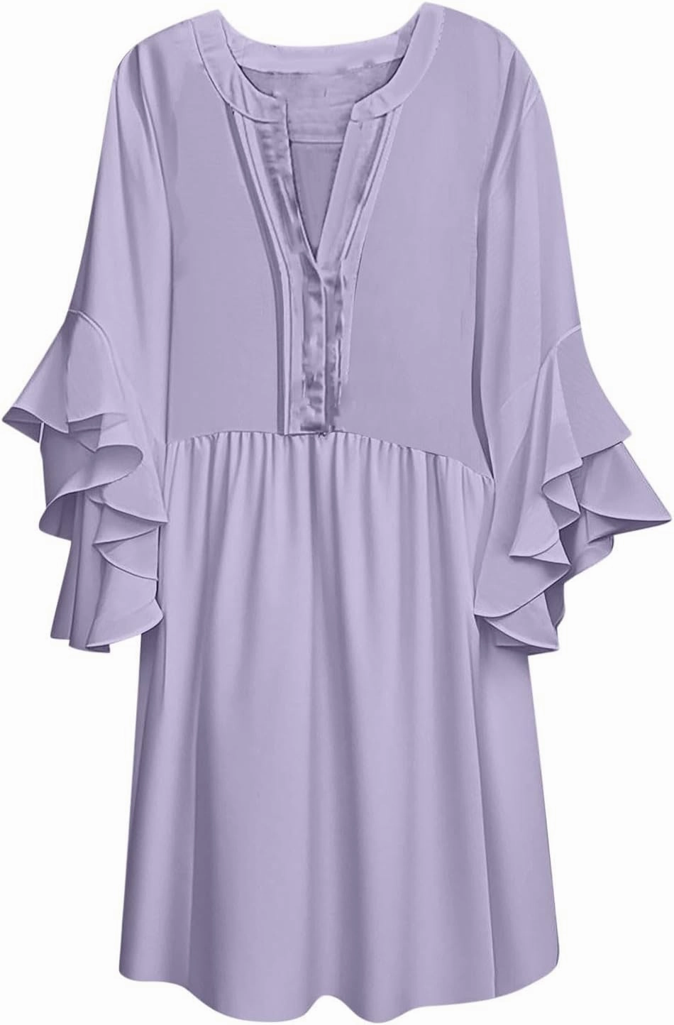Summer Beach Vacation Dresses for Women Elegant Dressy Ruffled 3/4 Sleeve Notch V Neck Pleated Flowy Swing Mini Dress