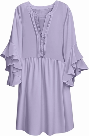 Summer Beach Vacation Dresses for Women Elegant Dressy Ruffled 3/4 Sleeve Notch V Neck Pleated Flowy Swing Mini Dress
