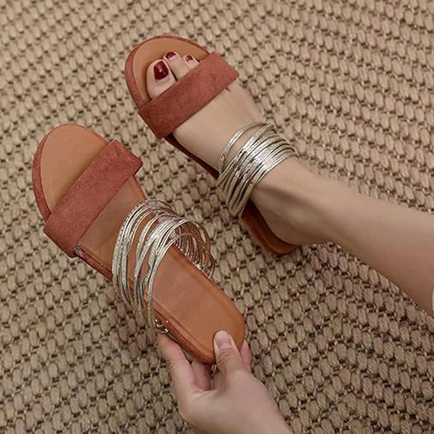 Summer Sandals for Women 2024 Strappy Sandals for Women Women's Faux Suede Flat Sandals Chain Strap Open Toe Slide Sandal Gold Sandals for Women