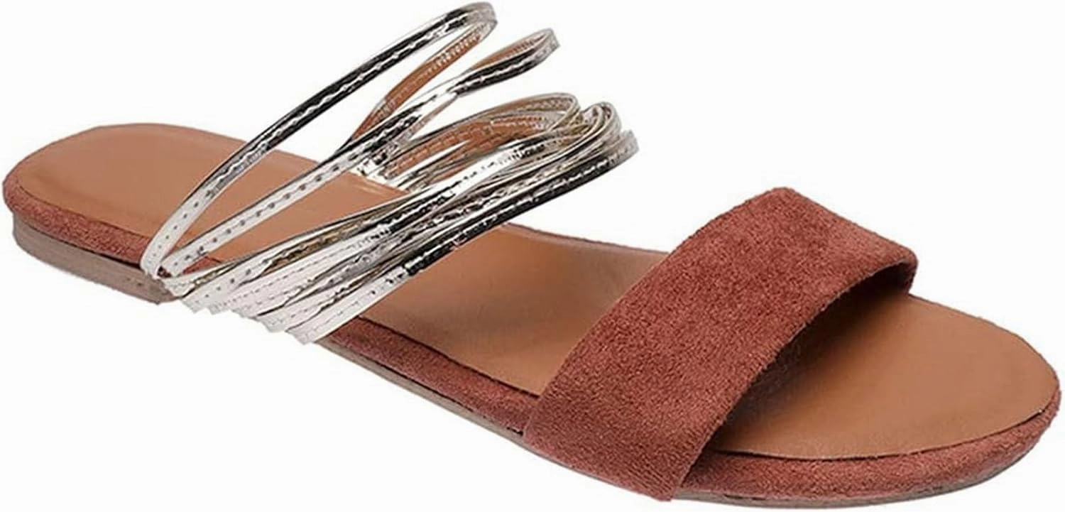 Summer Sandals for Women 2024 Strappy Sandals for Women Women's Faux Suede Flat Sandals Chain Strap Open Toe Slide Sandal Gold Sandals for Women
