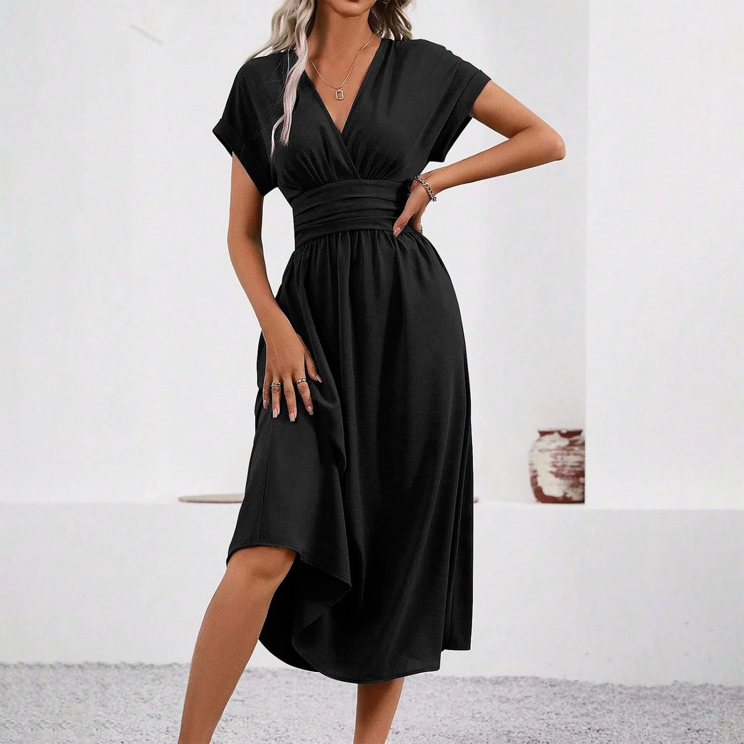 Summer Womens Midi Dresses Casual Roll Up Short Sleeve Ruched Wrap V Neck Empire Waist Flowy Pleated A Line Swing Dress