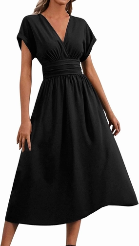 Summer Womens Midi Dresses Casual Roll Up Short Sleeve Ruched Wrap V Neck Empire Waist Flowy Pleated A Line Swing Dress