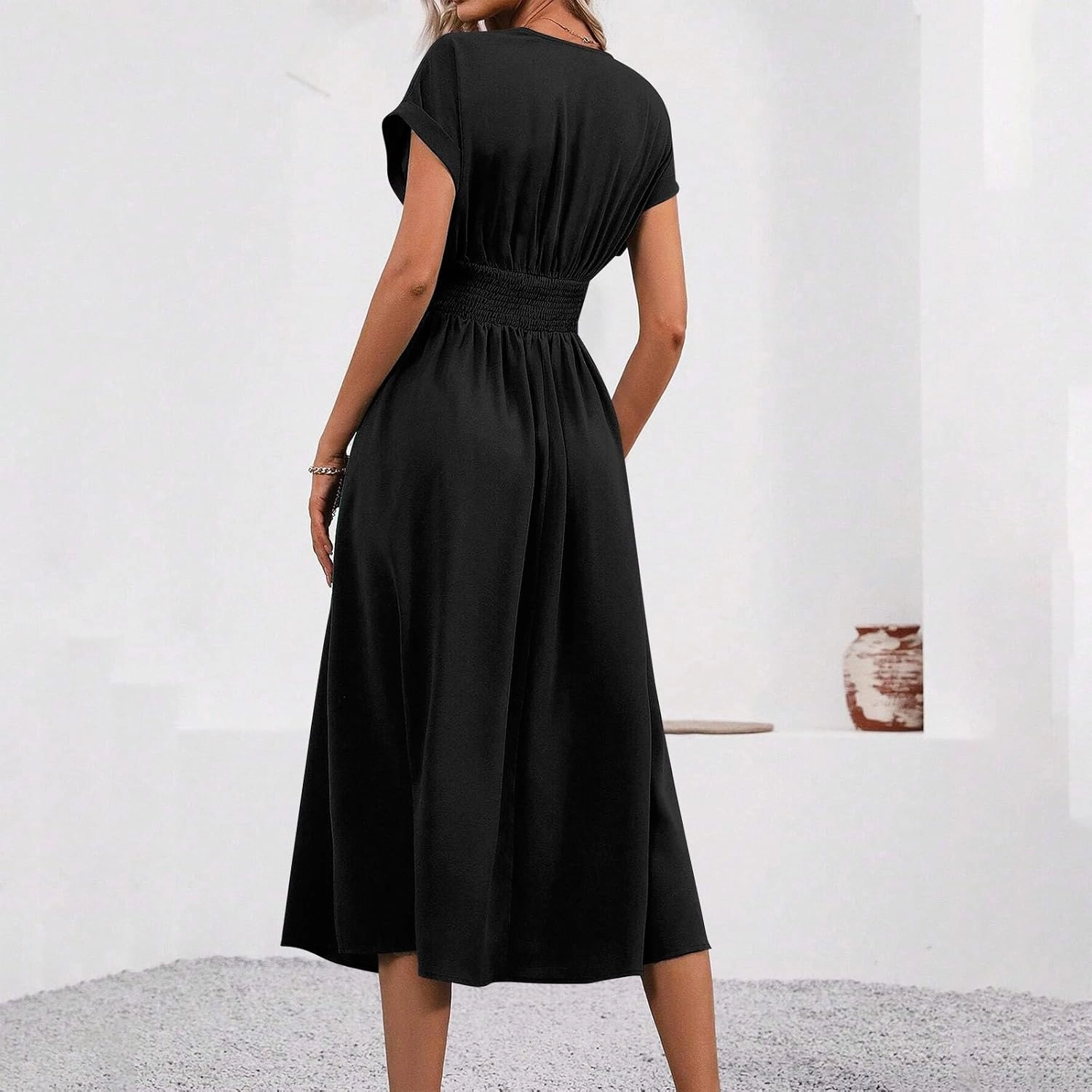 Summer Womens Midi Dresses Casual Roll Up Short Sleeve Ruched Wrap V Neck Empire Waist Flowy Pleated A Line Swing Dress