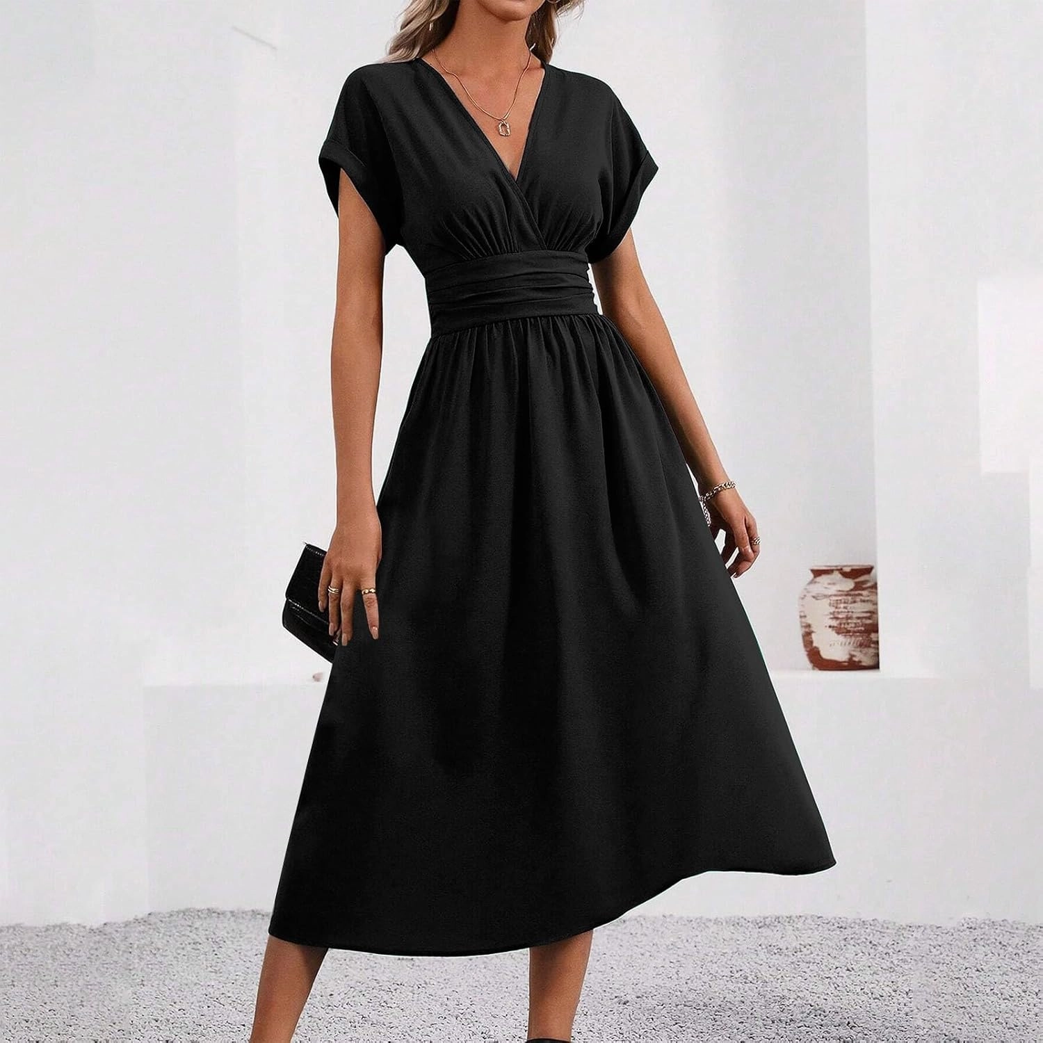 Summer Womens Midi Dresses Casual Roll Up Short Sleeve Ruched Wrap V Neck Empire Waist Flowy Pleated A Line Swing Dress