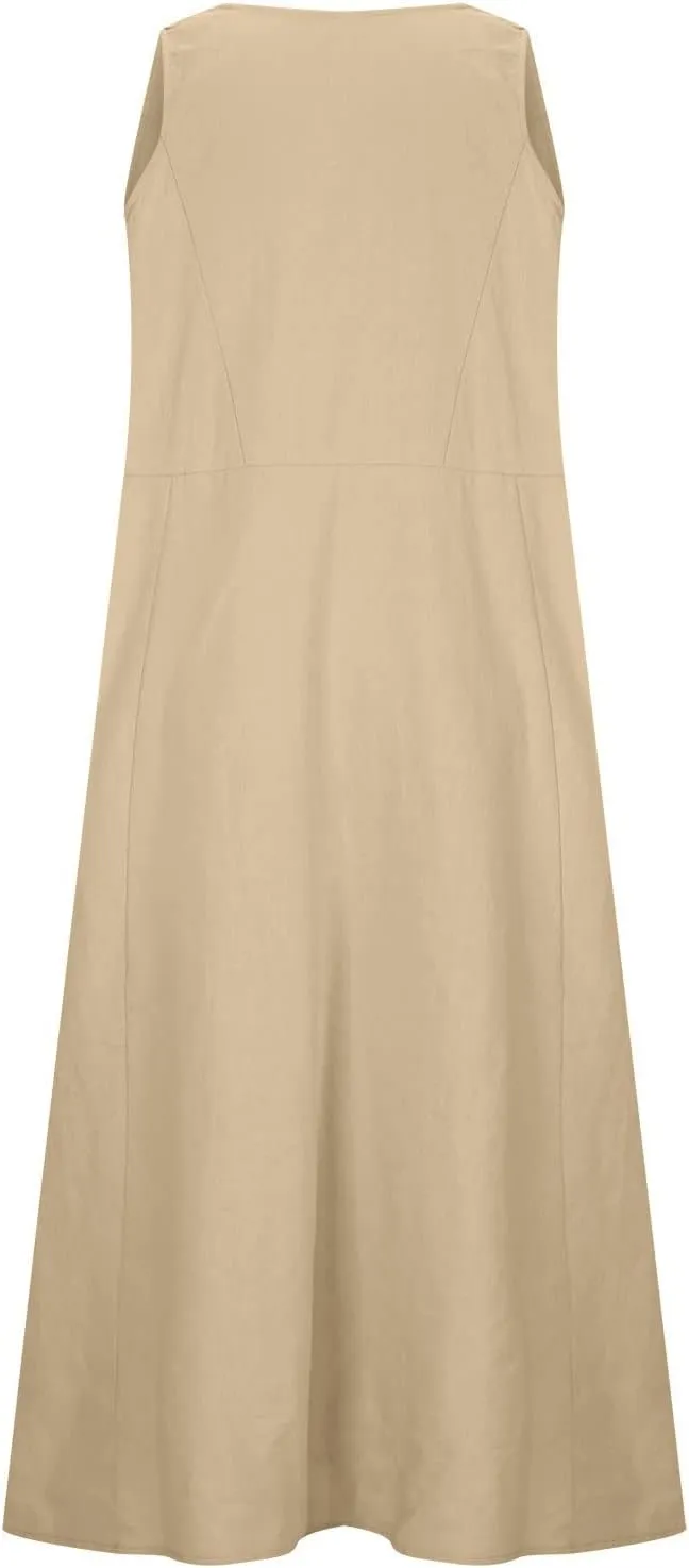 Sun Dresses Women Summer Casual Sexy Sleeveless Cotton Linen Scoop Neck Ruffle Flowy Long Maxi Dress with Pockets