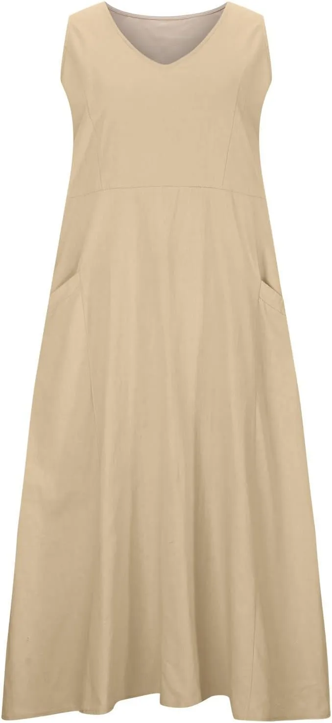 Sun Dresses Women Summer Casual Sexy Sleeveless Cotton Linen Scoop Neck Ruffle Flowy Long Maxi Dress with Pockets