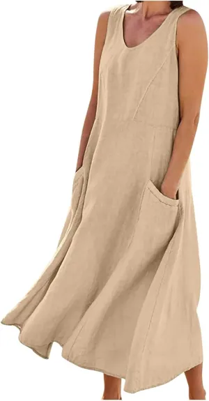 Sun Dresses Women Summer Casual Sexy Sleeveless Cotton Linen Scoop Neck Ruffle Flowy Long Maxi Dress with Pockets