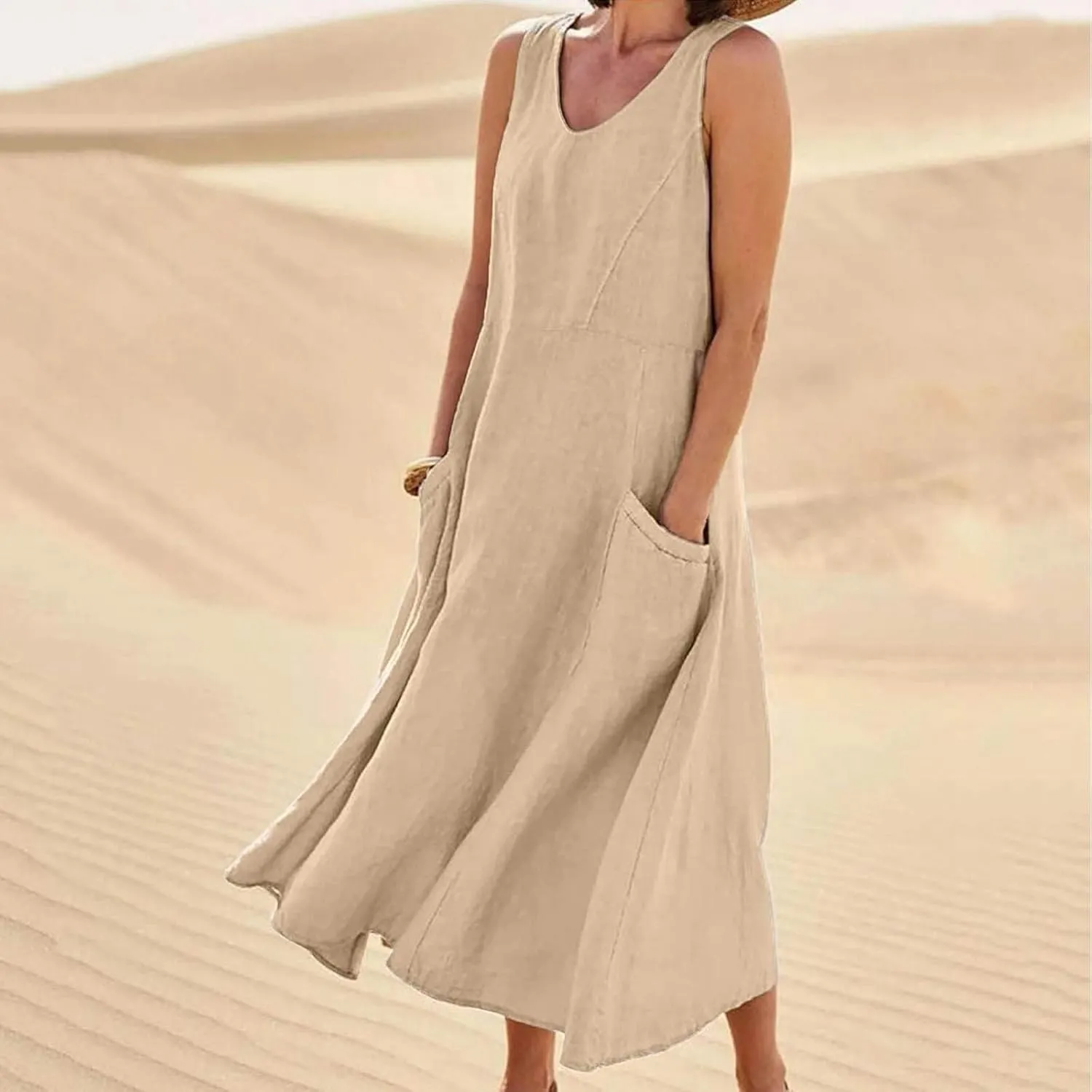 Sun Dresses Women Summer Casual Sexy Sleeveless Cotton Linen Scoop Neck Ruffle Flowy Long Maxi Dress with Pockets
