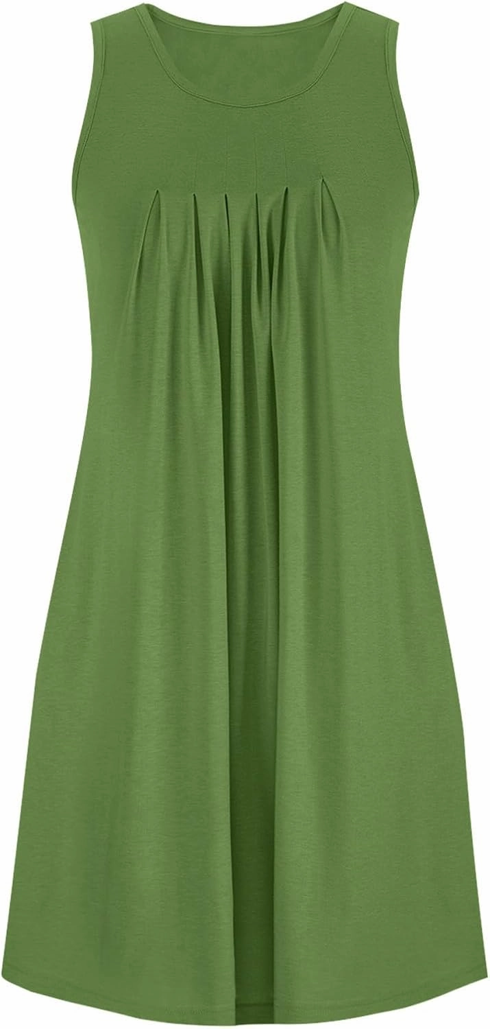 Sun Dresses for Women 2025 Summer Vacation Ruched Tank Dresses Casual Sleeveless Pleated Mini Dress with Pockets