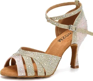 SWDZM Women Rhinestone Ballroom Dance Shoes Latin Salsa Performance Dancing Shoes,Pink Gold,Heel 3 inch,Suede Sole,6.5 US