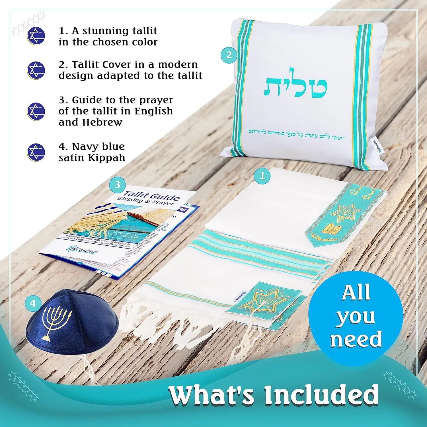 Tallit Prayer Shawl with Matching Bag, Certified Kosher, With Blessing On Neckband & on the Corners Made in Israel
