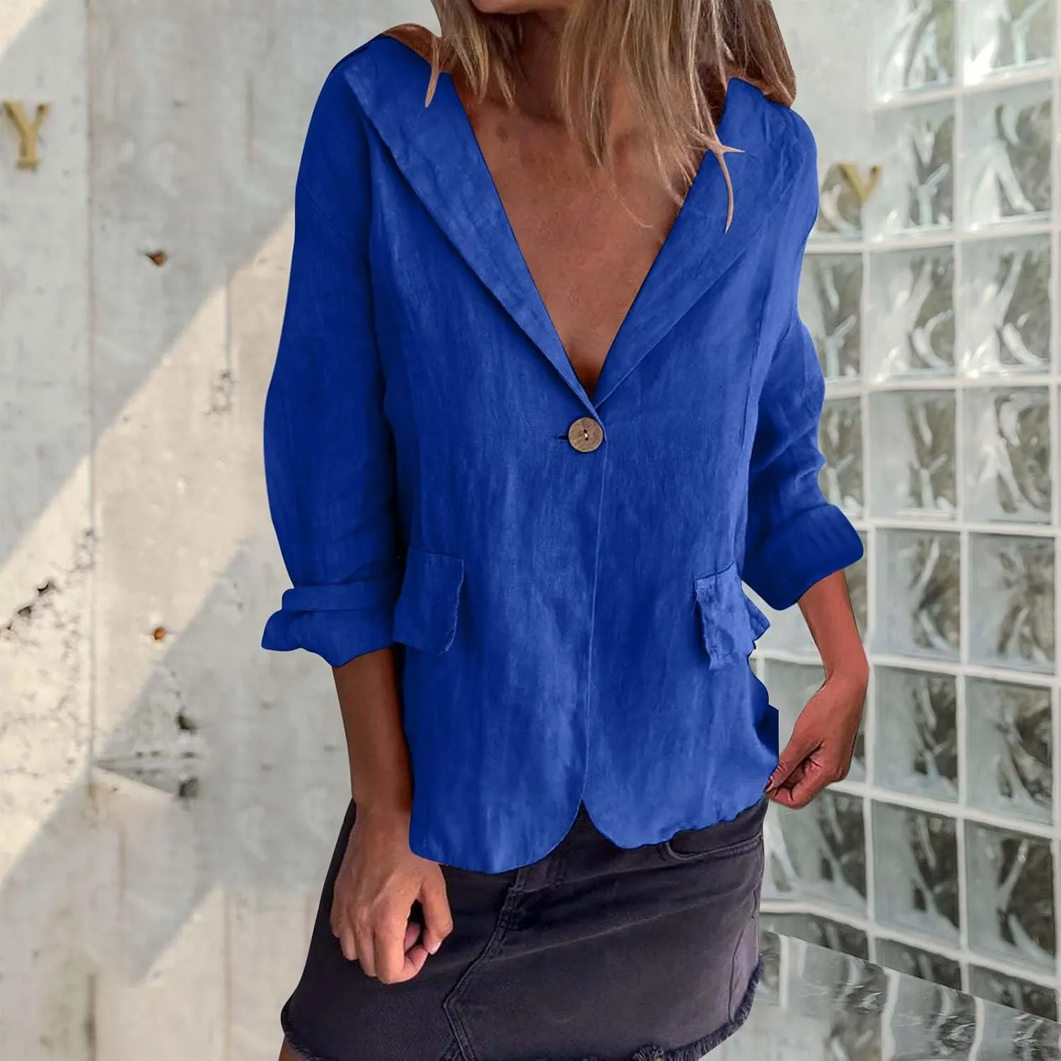 TANGNADE Linen Blazer Women Lightweight Casual Long Sleeve Spring Summer Jackets One Button Lapel Suit Blazer