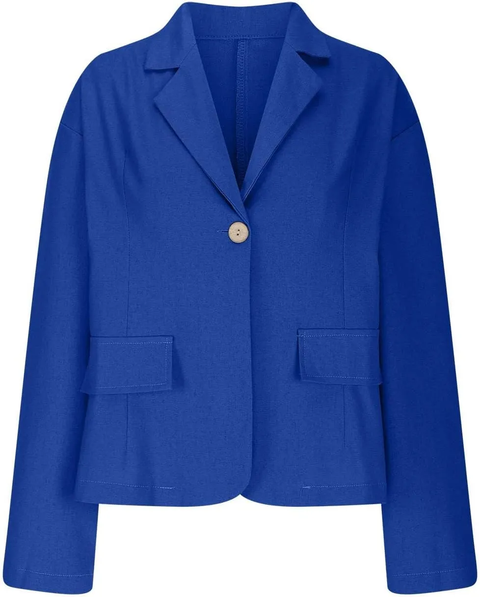 TANGNADE Linen Blazer Women Lightweight Casual Long Sleeve Spring Summer Jackets One Button Lapel Suit Blazer
