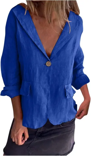 TANGNADE Linen Blazer Women Lightweight Casual Long Sleeve Spring Summer Jackets One Button Lapel Suit Blazer