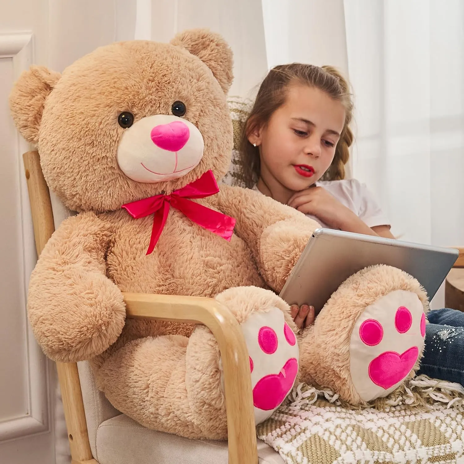 Tezituor Big Teddy Bear Stuffed Animal,Giant Teddy Bear with Pink Love for Girlfriend Boyfriend Women Wife,Valentines Stuffed Bear Plush for Kid Girl Boy,Bear for Birthday Baby Shower,36 inch Tan
