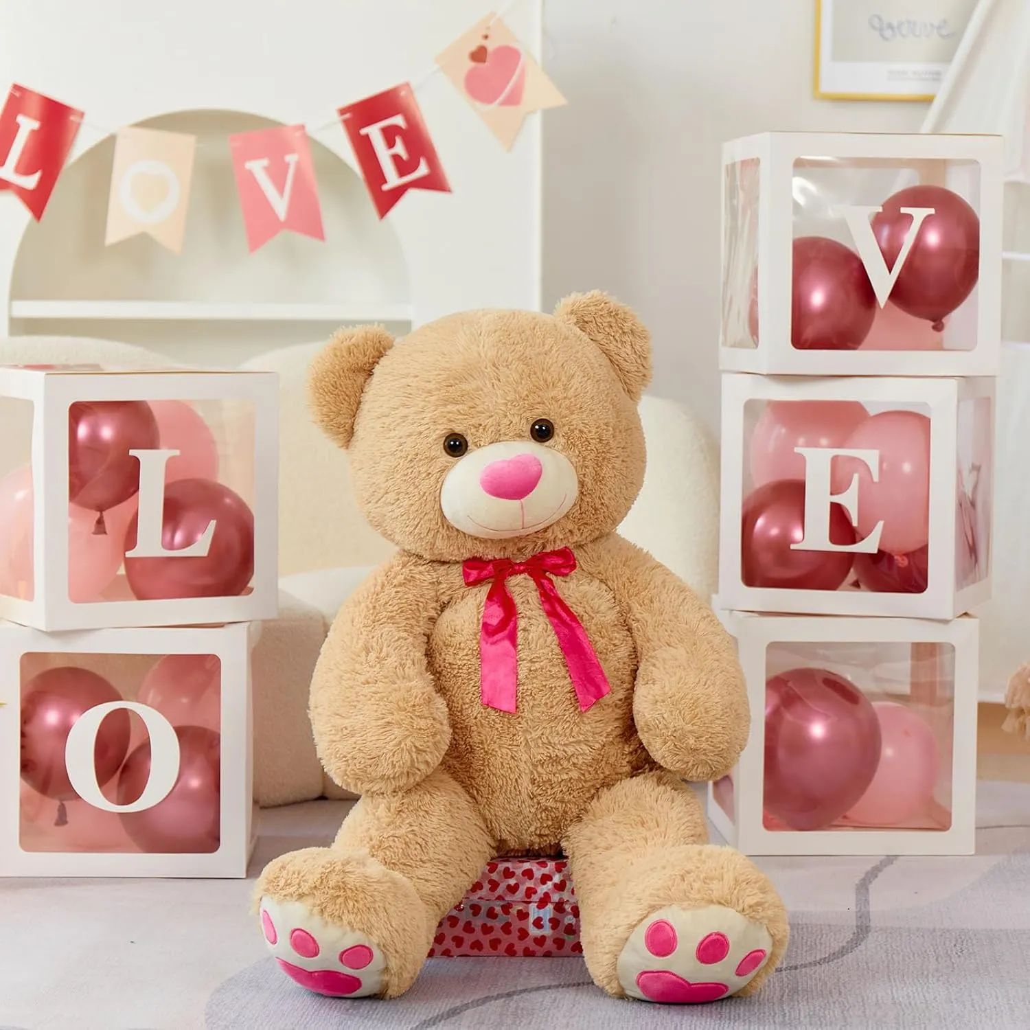Tezituor Big Teddy Bear Stuffed Animal,Giant Teddy Bear with Pink Love for Girlfriend Boyfriend Women Wife,Valentines Stuffed Bear Plush for Kid Girl Boy,Bear for Birthday Baby Shower,36 inch Tan