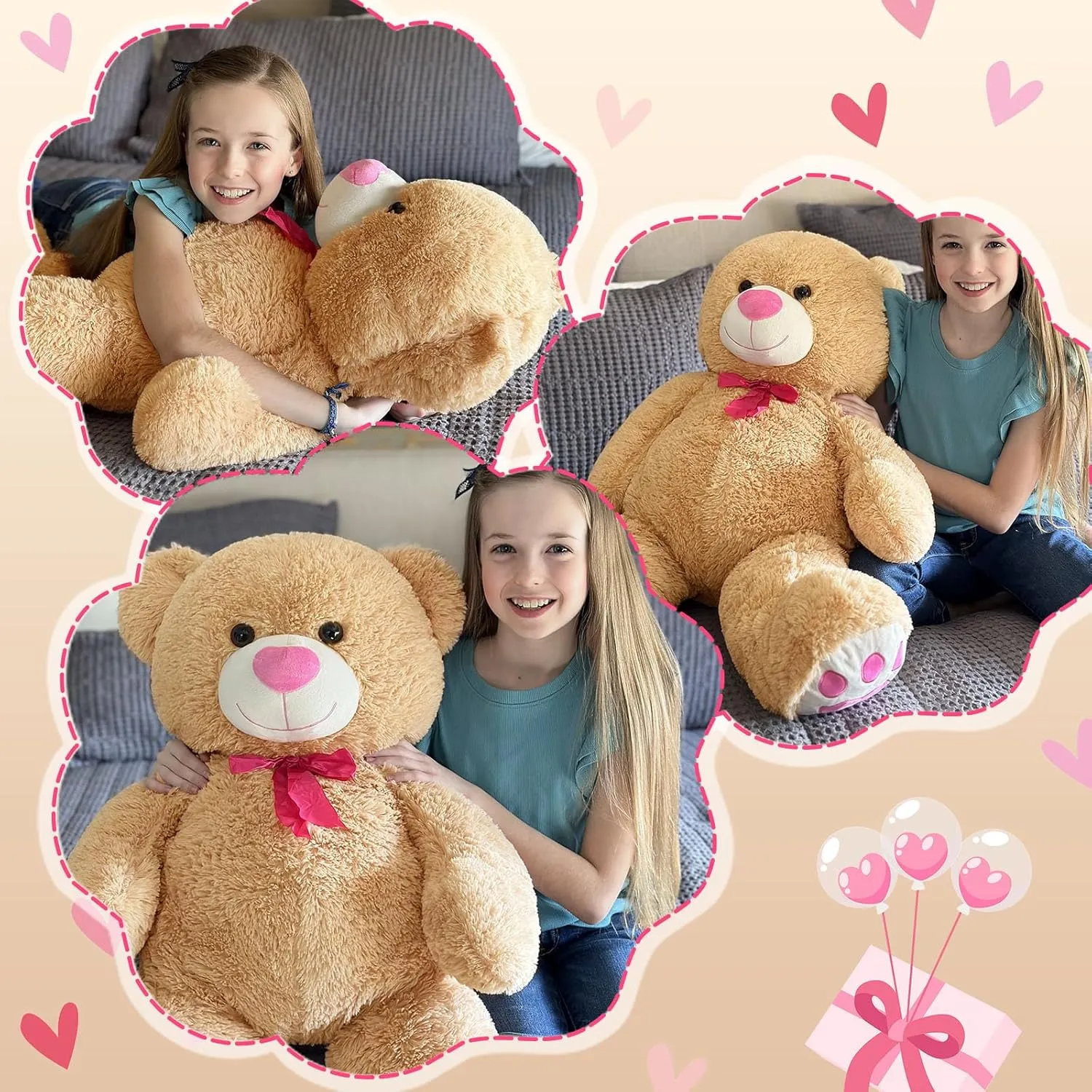 Tezituor Big Teddy Bear Stuffed Animal,Giant Teddy Bear with Pink Love for Girlfriend Boyfriend Women Wife,Valentines Stuffed Bear Plush for Kid Girl Boy,Bear for Birthday Baby Shower,36 inch Tan