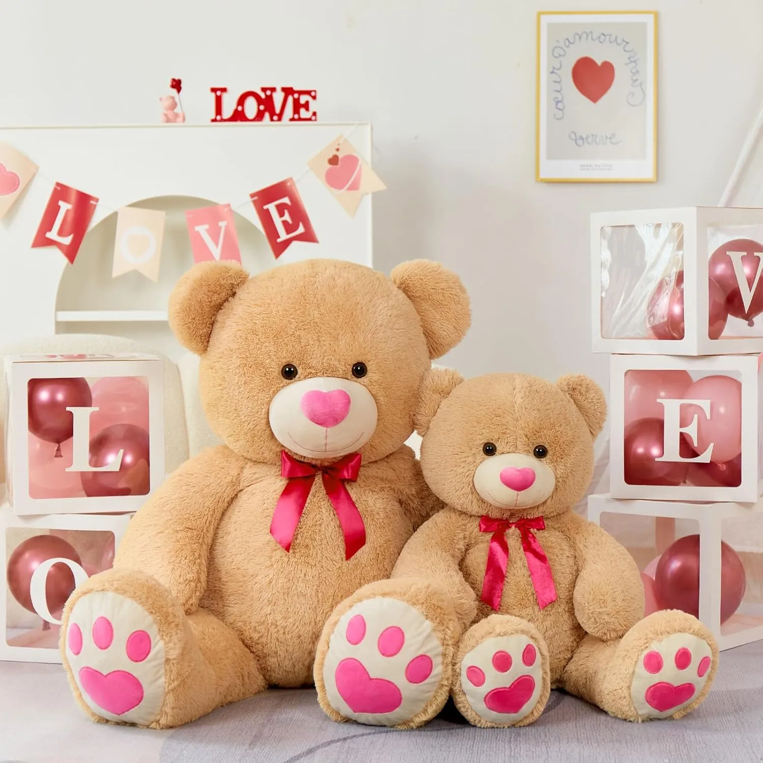 Tezituor Big Teddy Bear Stuffed Animal,Giant Teddy Bear with Pink Love for Girlfriend Boyfriend Women Wife,Valentines Stuffed Bear Plush for Kid Girl Boy,Bear for Birthday Baby Shower,36 inch Tan