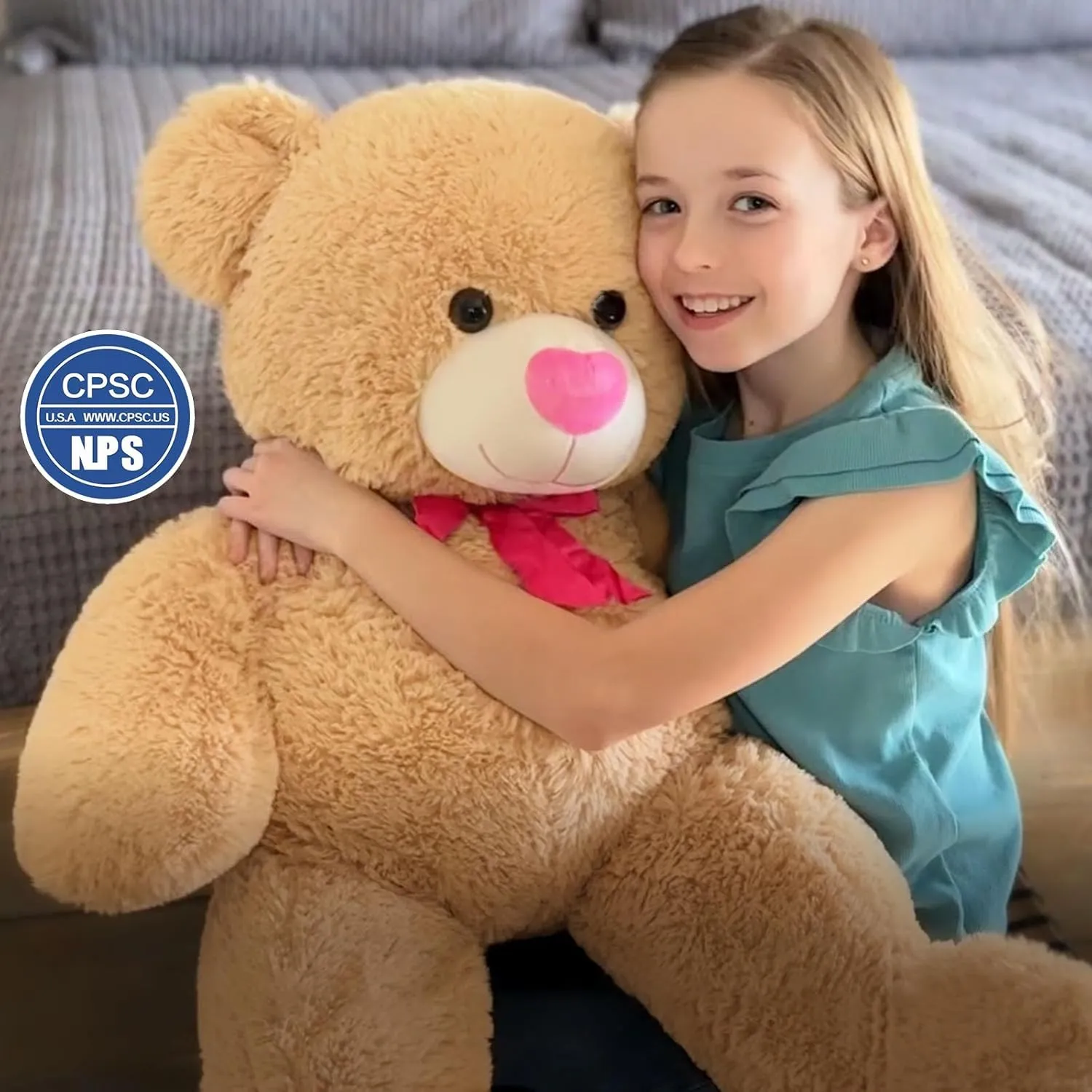 Tezituor Big Teddy Bear Stuffed Animal,Giant Teddy Bear with Pink Love for Girlfriend Boyfriend Women Wife,Valentines Stuffed Bear Plush for Kid Girl Boy,Bear for Birthday Baby Shower,36 inch Tan