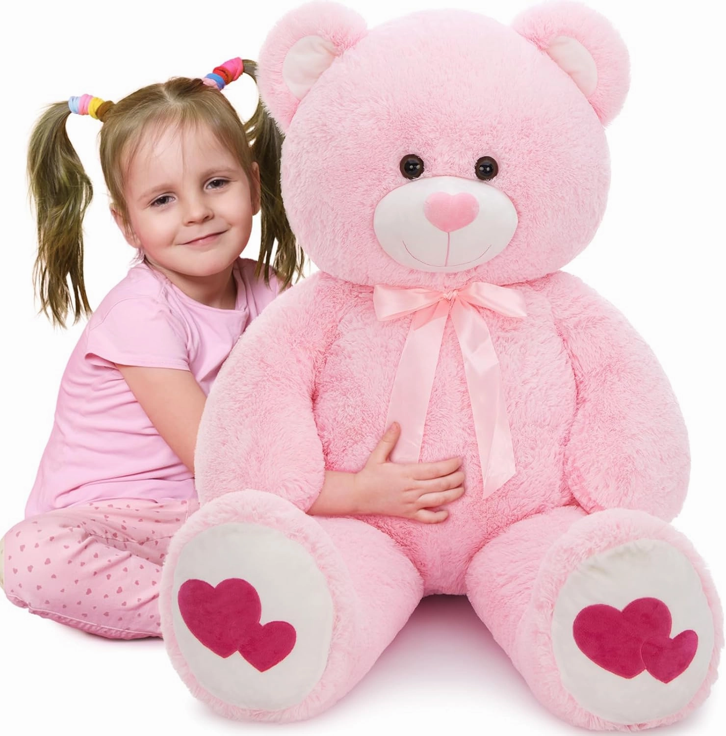 Tezituor Giant Teddy Bear Stuffed Animal 4ft - Big Pink Teddy Bear with Love Red Heart - Large Stuffed Bear Plush Toys for Kid Christmas Birthday - Valentines Bear Gift for Girlfriend