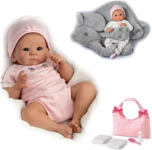 The Ashton-Drake Galleries The Ashton-Drake Little Peanut Baby Doll Deluxe Set, RealTouch Vinyl, Extra Outfit and Accessories, Pink Elephant Theme