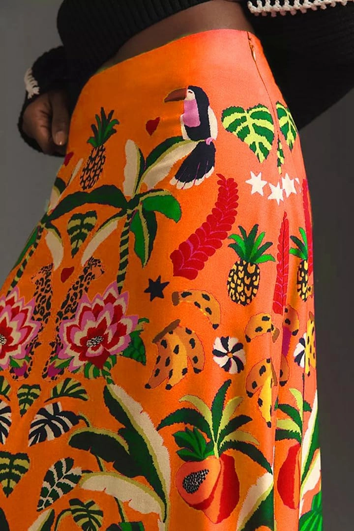 THLAI Womens Skirt Midi Skirt Tropical Plant Print Pink Zipper A-Line Long Skirts Spring Summer Skirt Floral