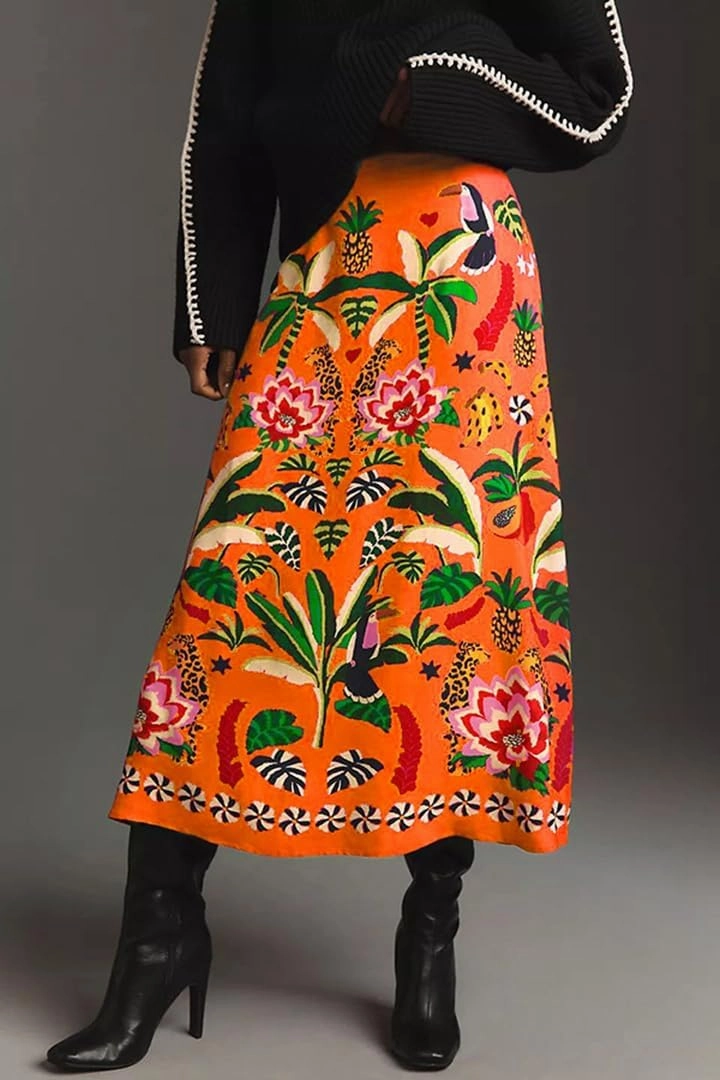 THLAI Womens Skirt Midi Skirt Tropical Plant Print Pink Zipper A-Line Long Skirts Spring Summer Skirt Floral