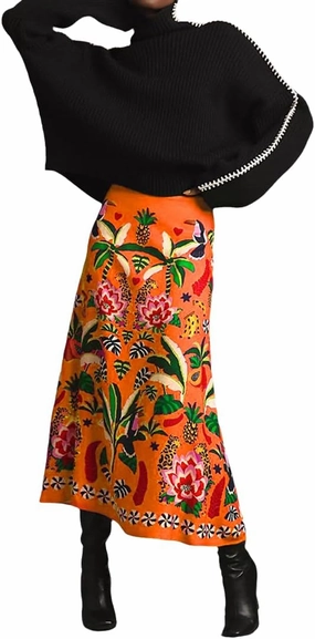 THLAI Womens Skirt Midi Skirt Tropical Plant Print Pink Zipper A-Line Long Skirts Spring Summer Skirt Floral